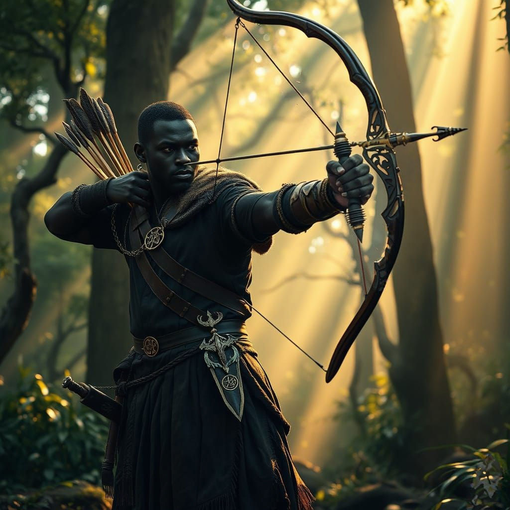Dark Skinned Black Hero in Primeval Forest, Wielding Longbow...