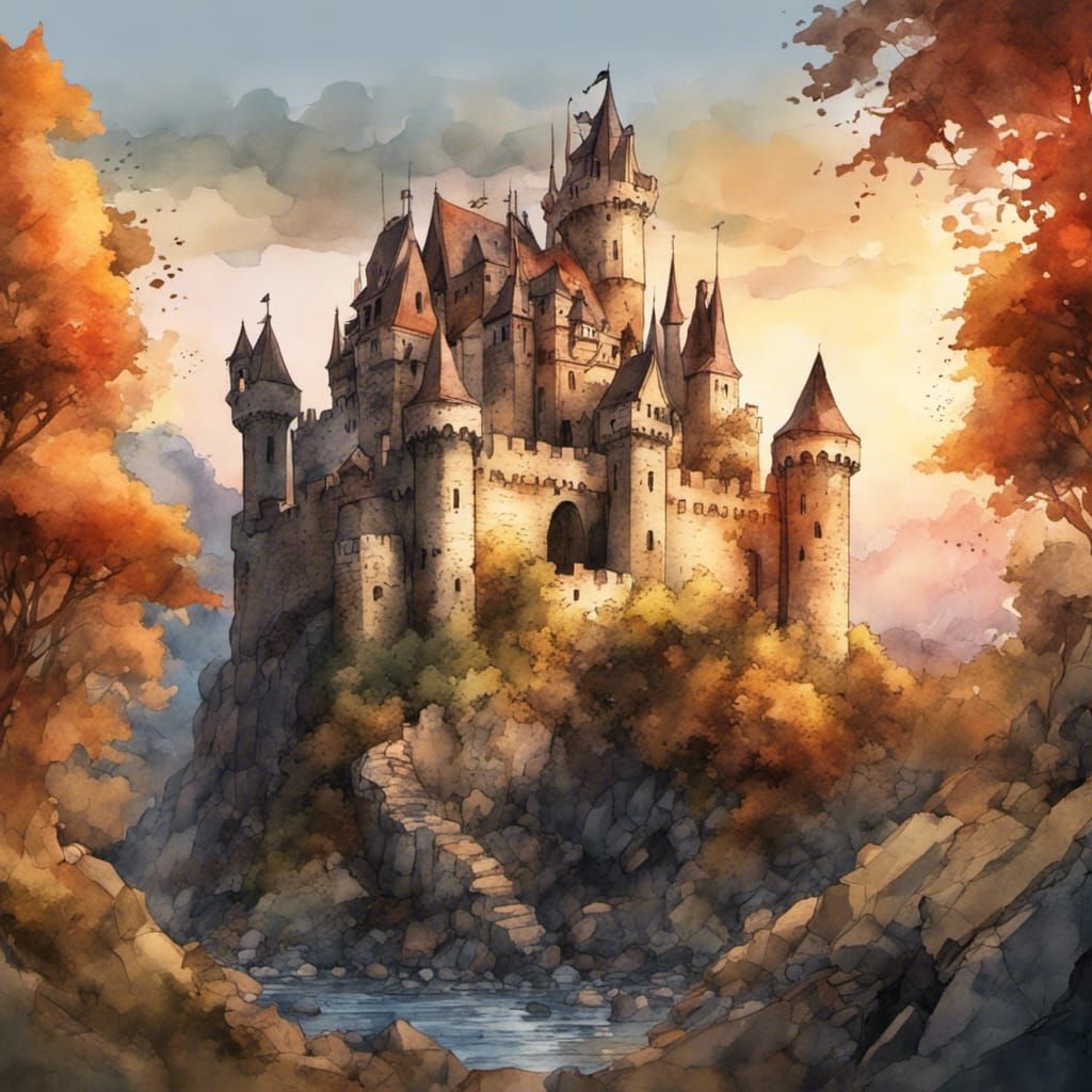 Beautiful Crumbling Castle at Sunset in Watercolor