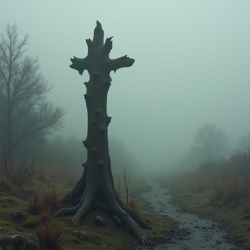 Mystical Wooden Stake in Eerie Medieval Landscape