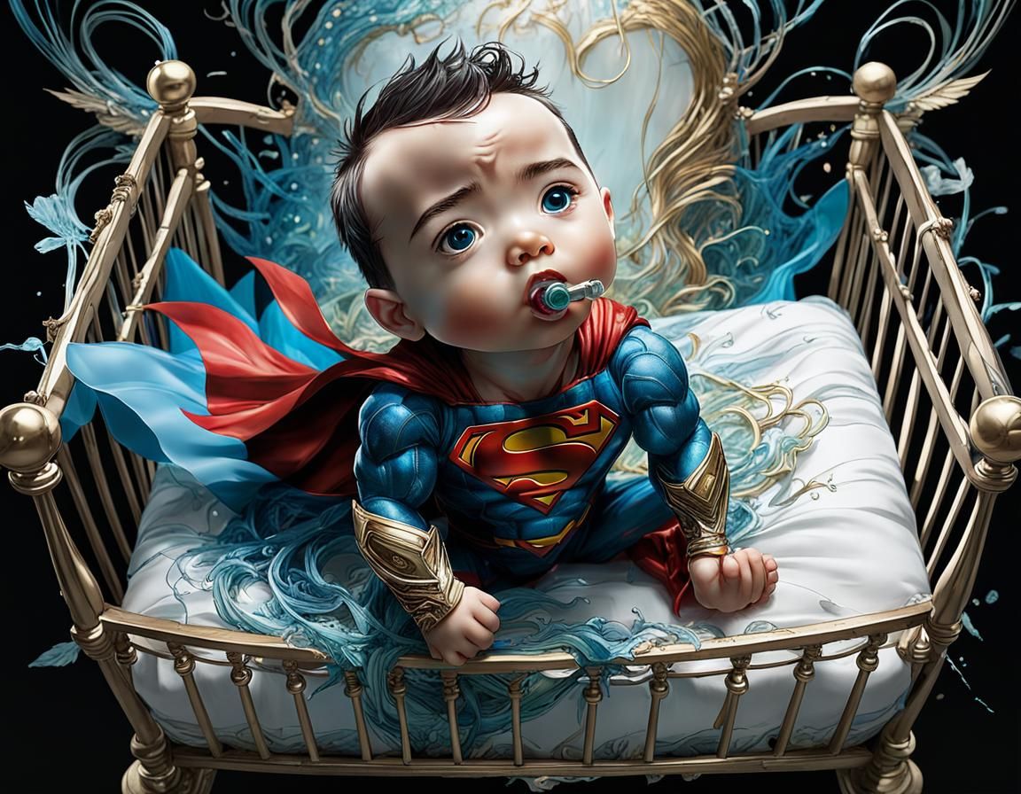 Chibi Superman Baby in Crib: 3D Digital Art