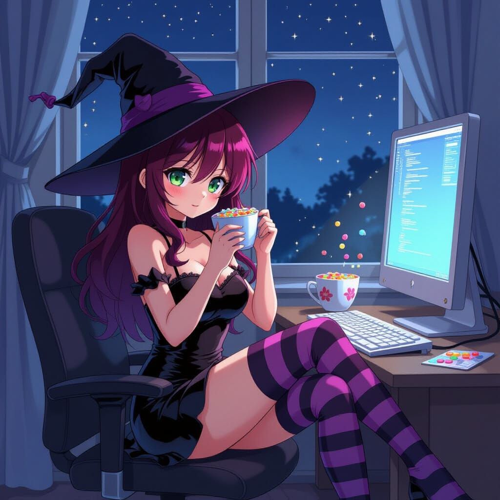 Anime Woman with Witch Hat and Cereal