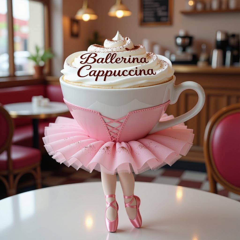 Ballerina Cappuccino in Whimsical Cafe: Surreal Pop Art