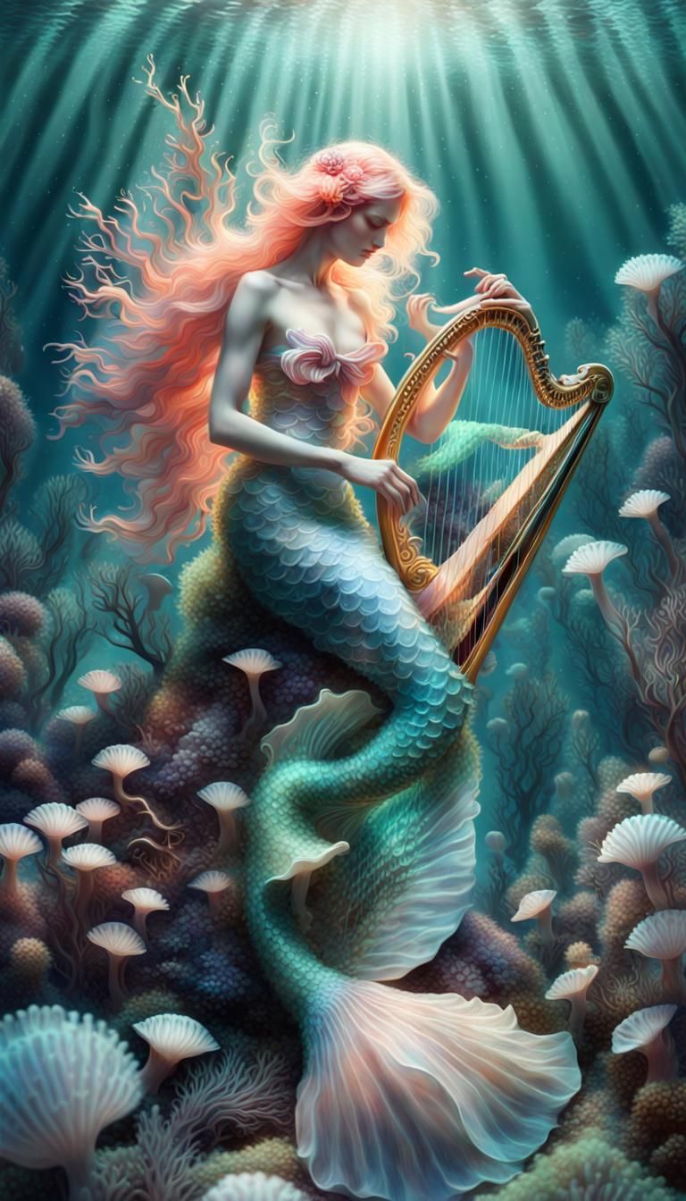 Mermaid Playing Harp in Bioluminescent Coral Forest