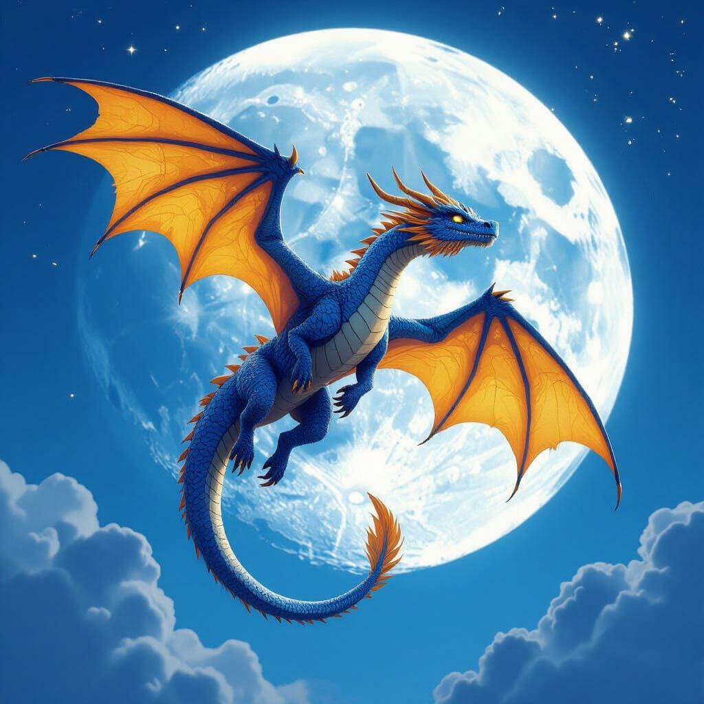 Blue and Yellow Dragon Soaring Under the Moon