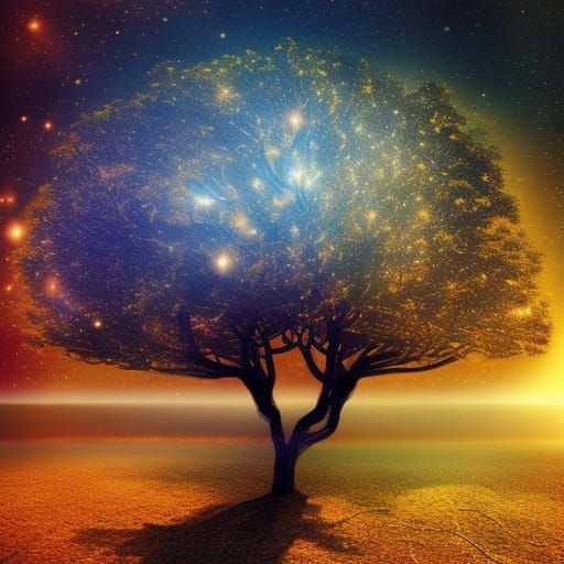 Glowing Golden Tree with Galaxy Background