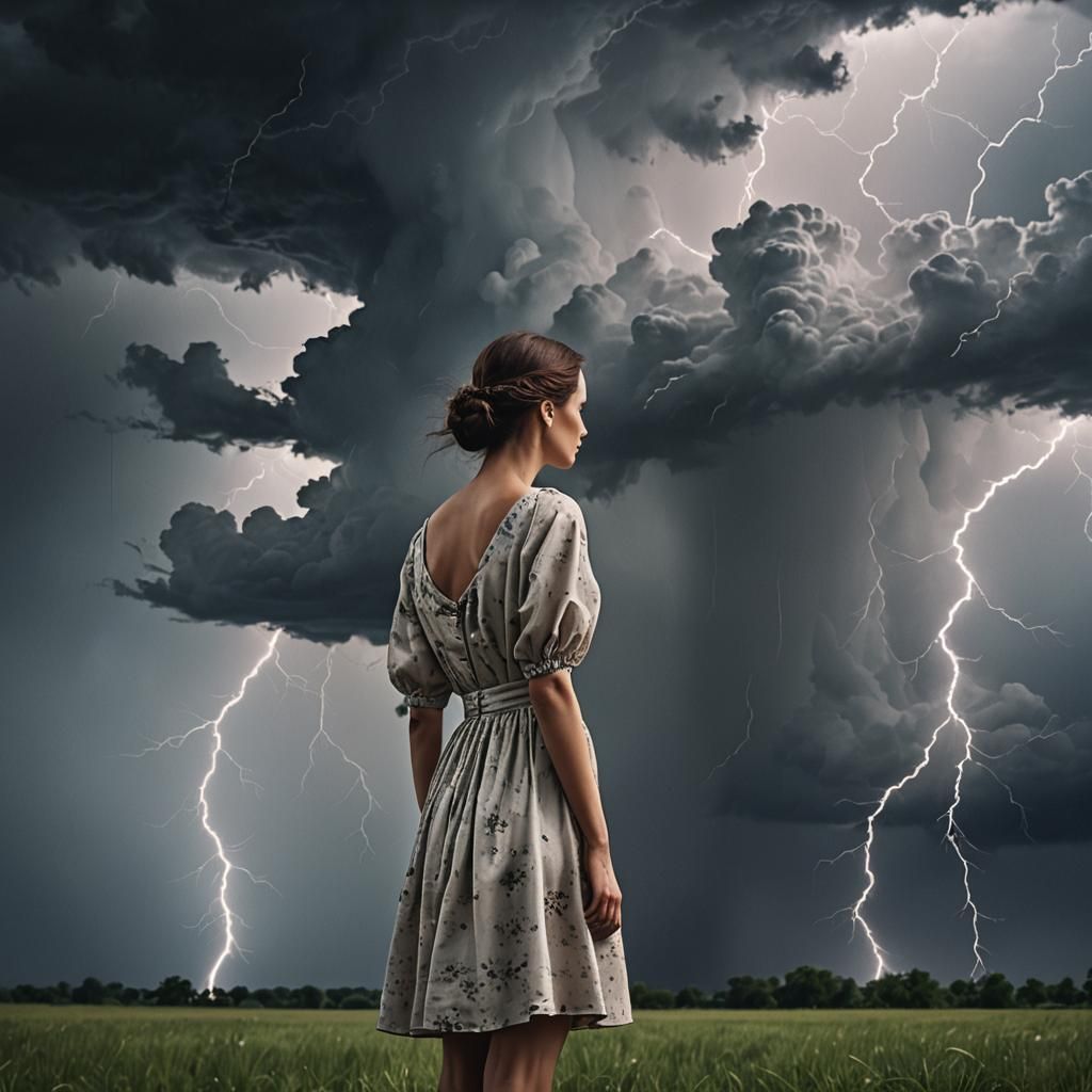 Woman in Dress Watches Thunderstorm