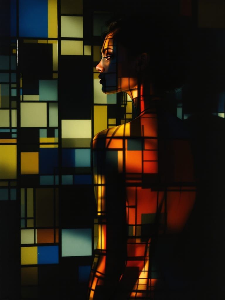 Woman Merging with Geometric Wall Art in Film Noir Style