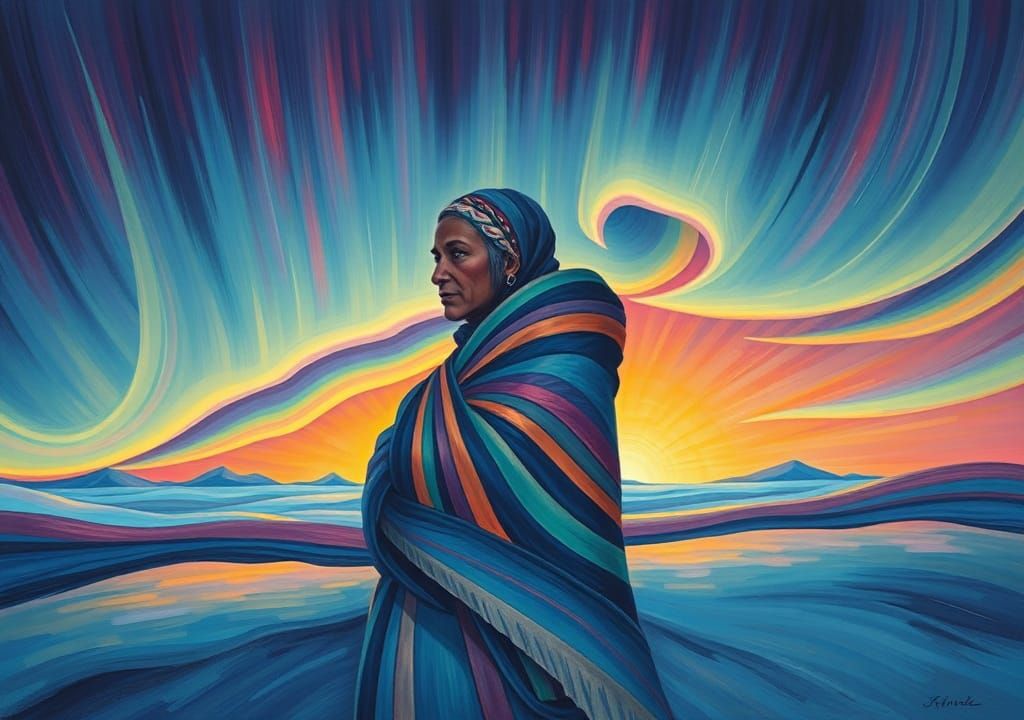Inuit Woman Under a Dancing Sky