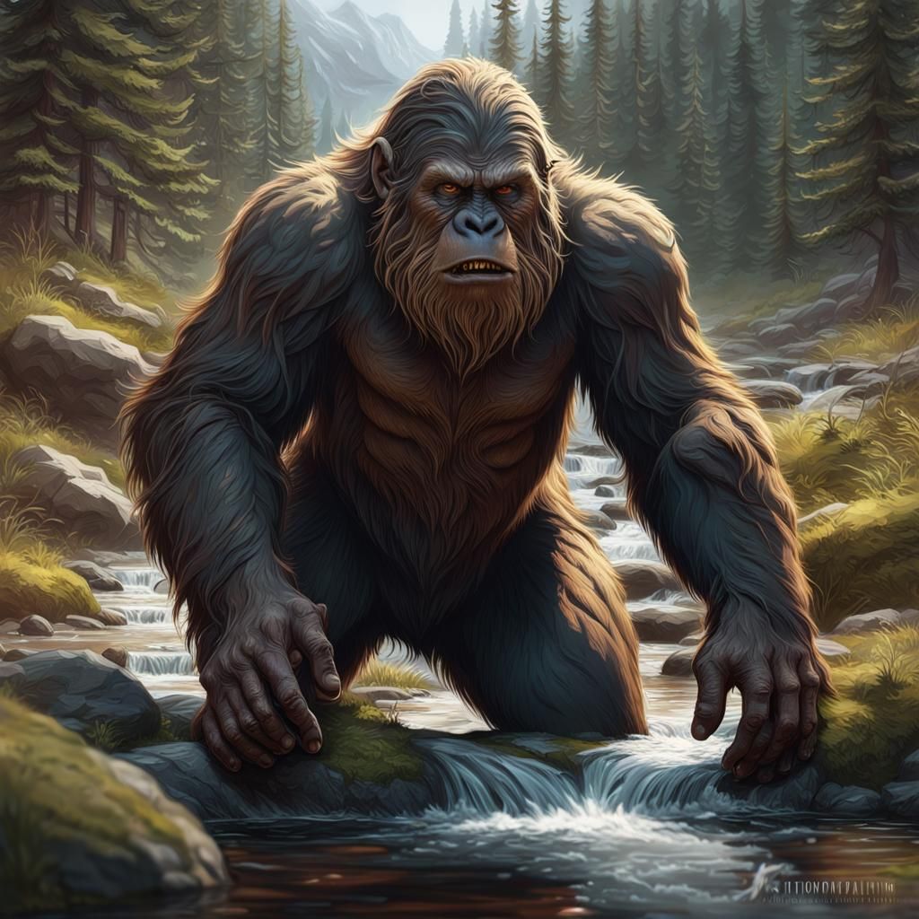 Sasquatch Drinks From Stream: Cinematic Realism Portrait