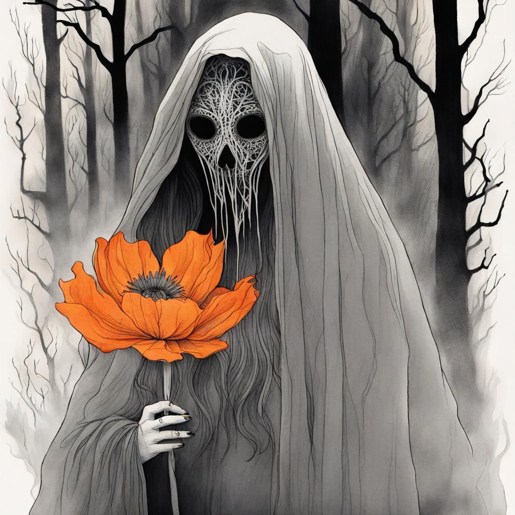 Smokey Ink Drawing of Ghostly Woman in Forest