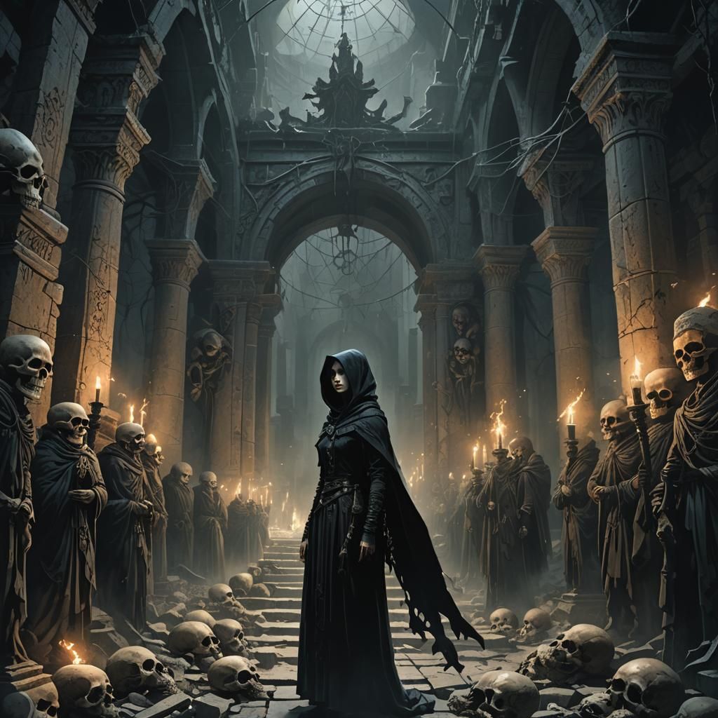 Mysterious Lady in Ancient Temple: Gothic Horror Art