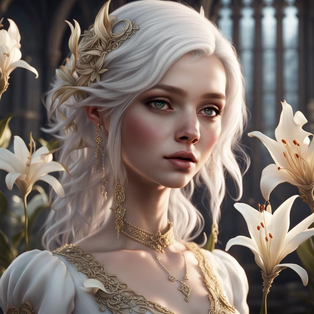 Elegant Lily Girl with Ivory Hair