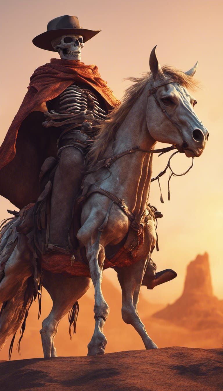 Cowboy Skeleton Rides Flaming Horse at Sunset