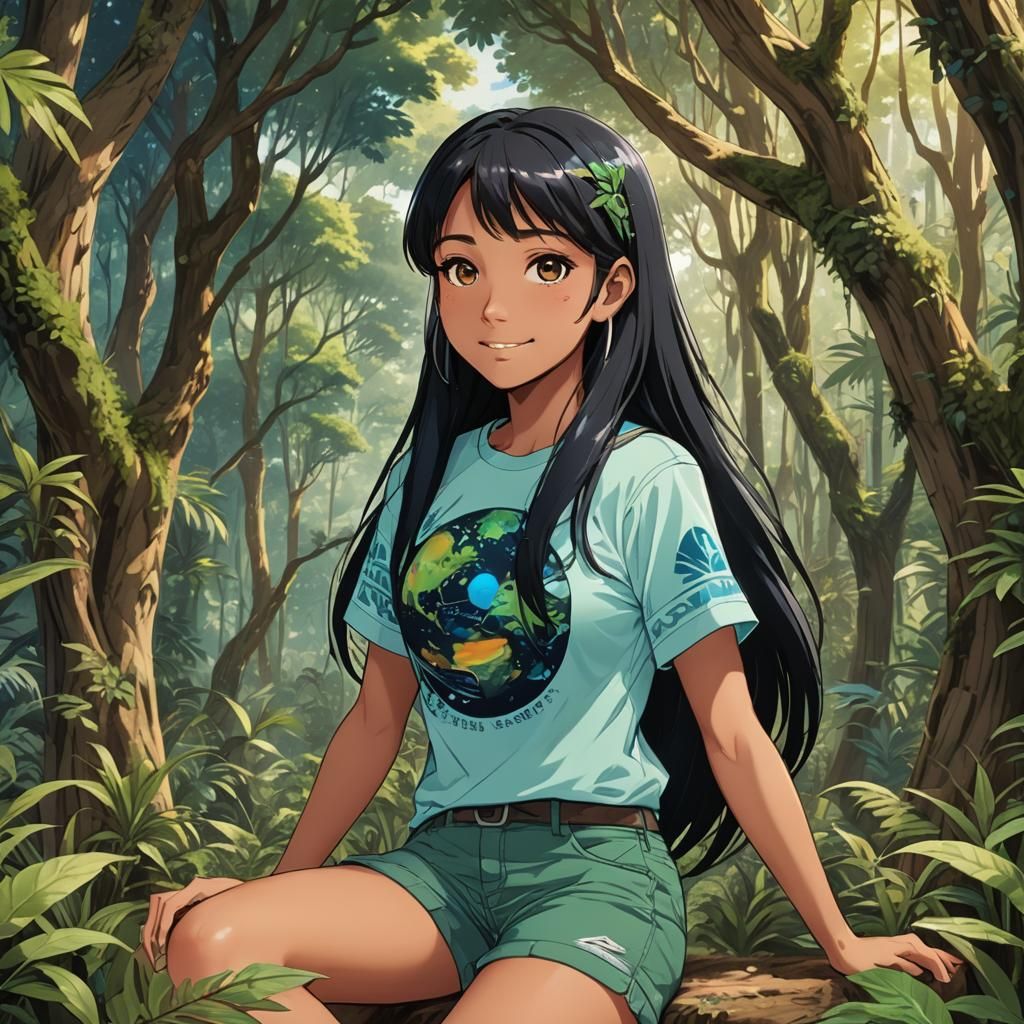 Anime Girl in Forest with Earth Background