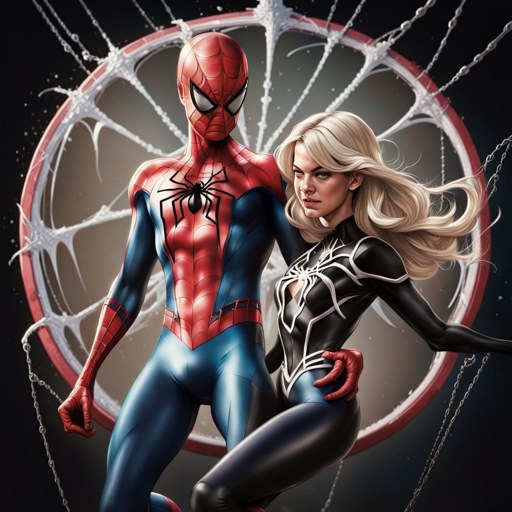 Spider-Man and Black Cat Dynamic Swing: Hyperrealistic Art