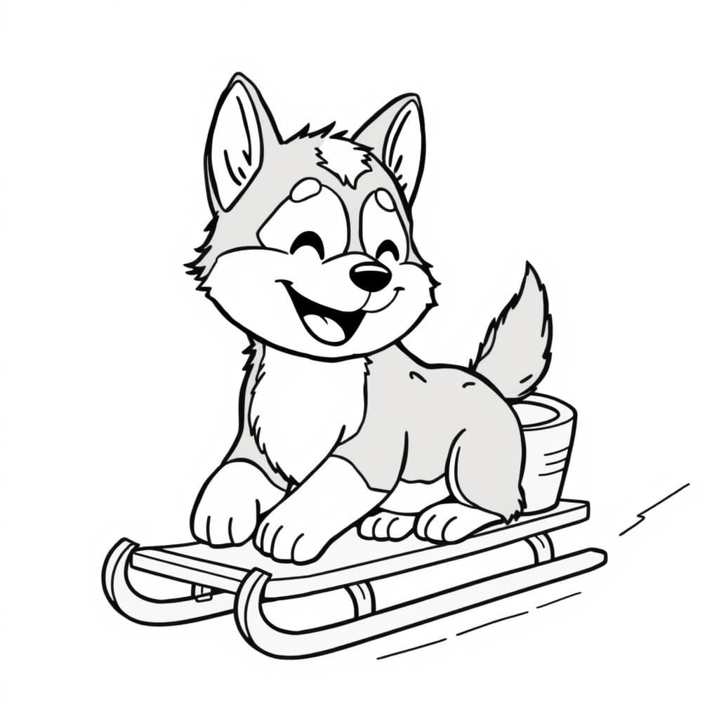 Whimsical Black and White Baby Husky Illustration with Sled