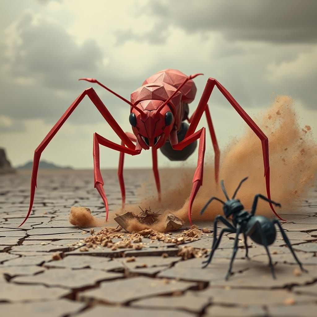 Giant Ants Battle in Desolate Landscape, Papercraft Style