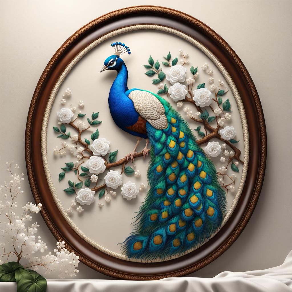 Peacock on a branch with white blossoms hand-#embroidery