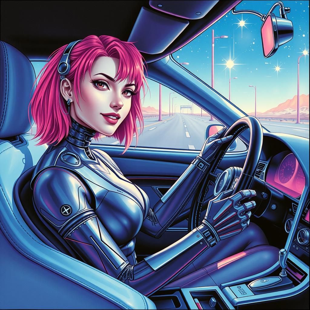 Retro 80s Cyberpunk Robotic Woman in Space