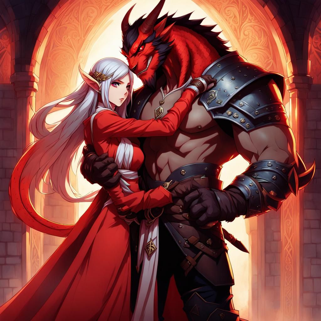 Anime Style Half-Orc and Dragonborn Couple