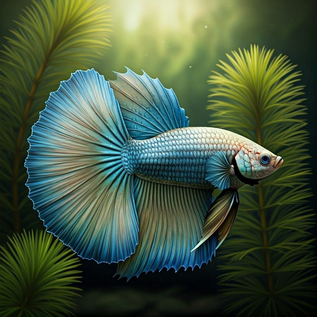 Realistic Underwater Painting of Betta Fish in Soft Blues an...