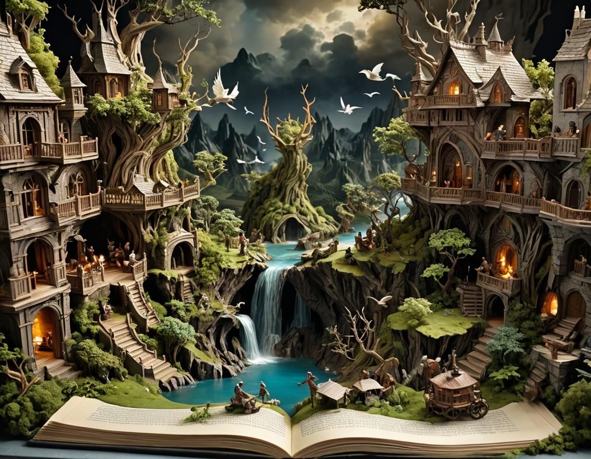 Fantasy Papercraft World Exploding from Book