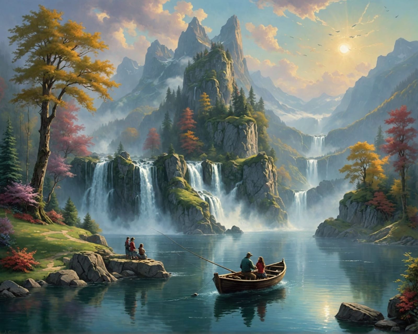 Fishermen on Lake with Waterfalls in Ethereal Style