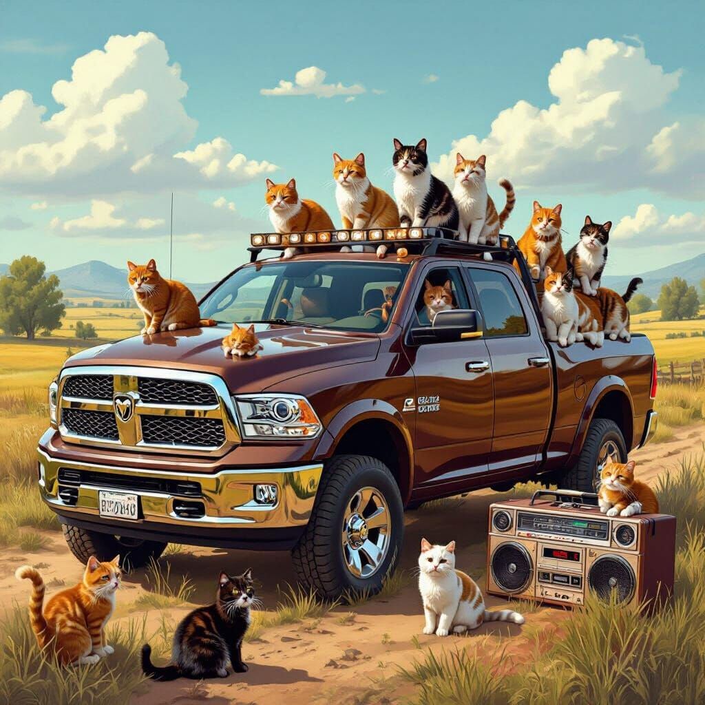 Ram 1500 Longhorn Overrun with Cats in Whimsical Style