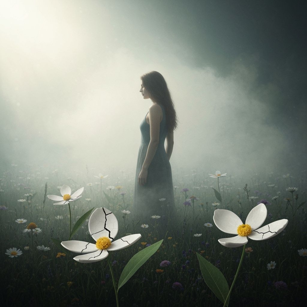 Woman in Misty Wildflower Field with Ceramic Accents