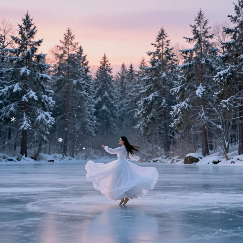 Ethereal Figure Twirls on Frozen Lake Under Twilight Sky