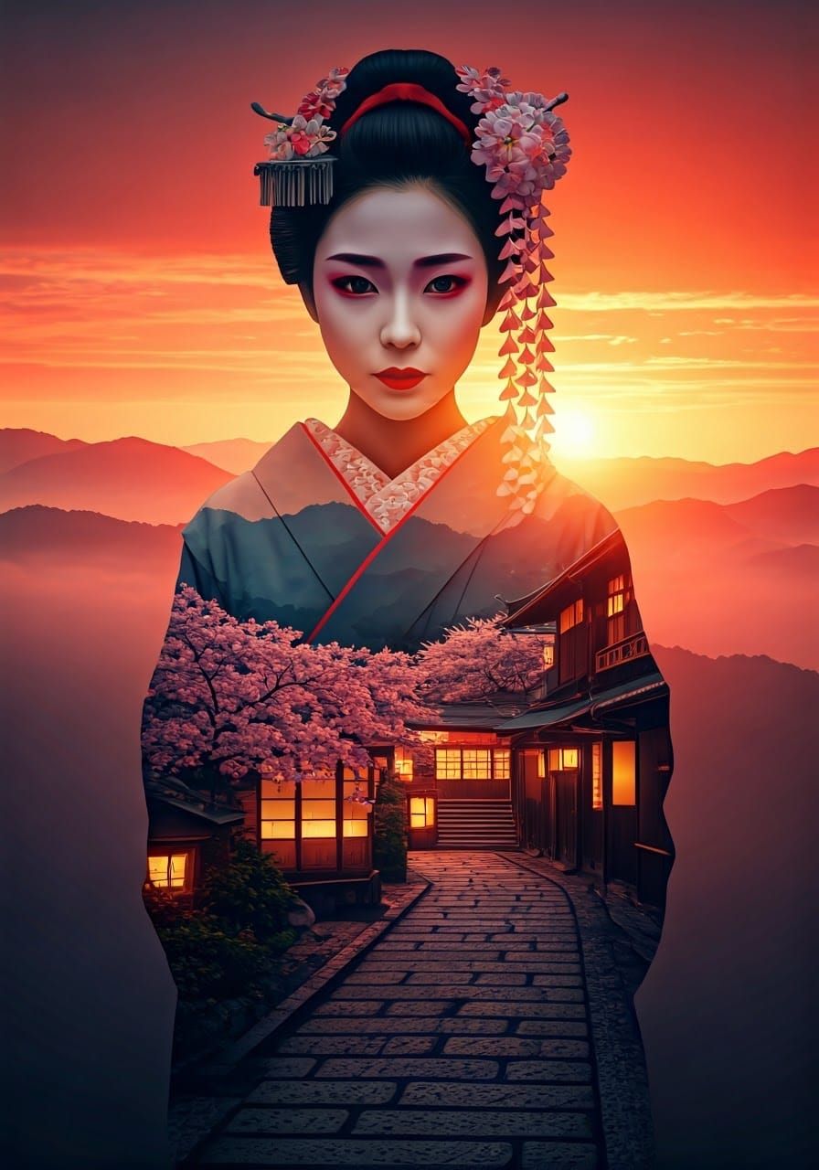 A stunning double exposure piece of a beautiful geisha in front of a tea ceremony in the background. Her figure blends i...