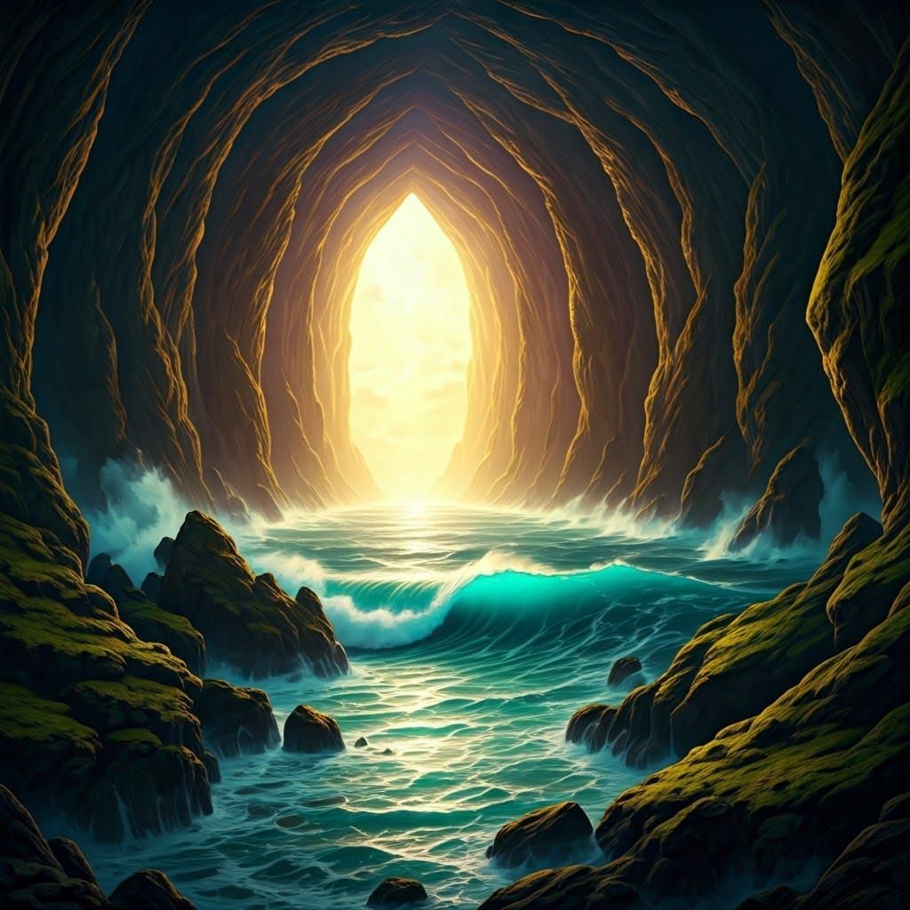 Ancient Cave Mouth Illuminated by Turquoise Waves
