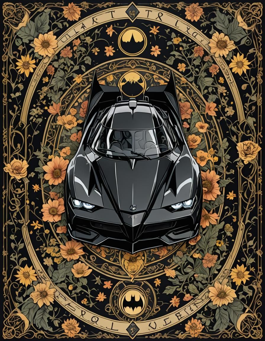 Batmobile Tarot Card with Floral Border