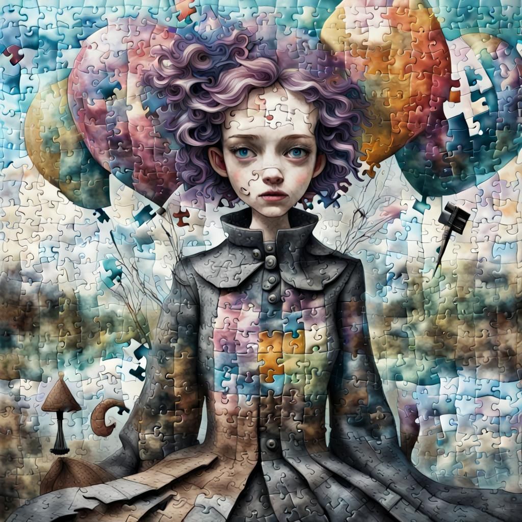 Surreal Jigsaw Puzzle Figure in Mixed Media