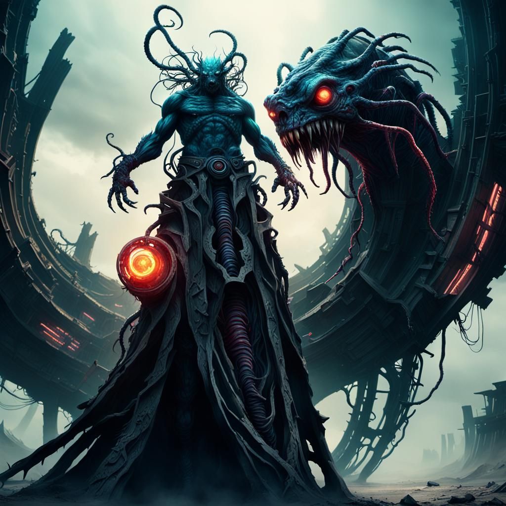 Twisted Creature Emerges from Apocalyptic Portal in Vibrant,...