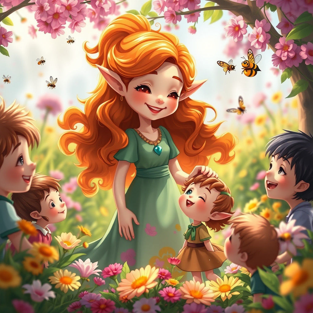 Whimsical CGI Spring-Elf with Children in Anime Style
