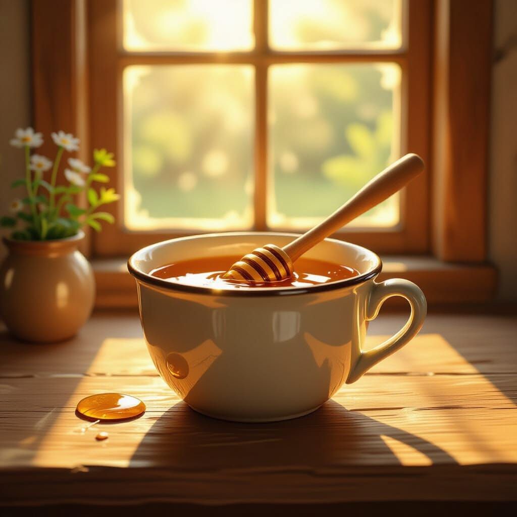 Golden Honey Pot With Dipper in Morning Light