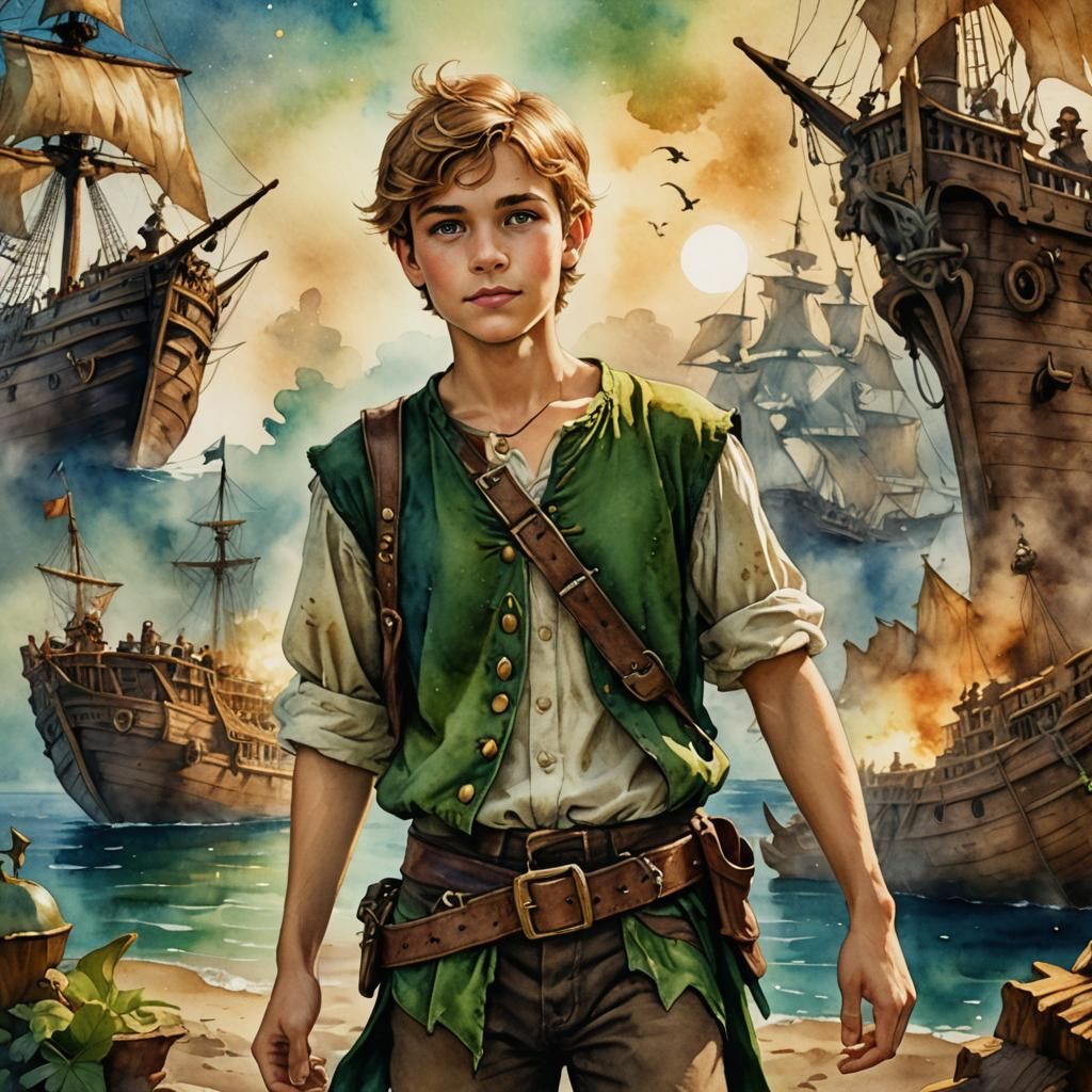 Watercolor Virgo Man as Peter Pan on Pirate Ship