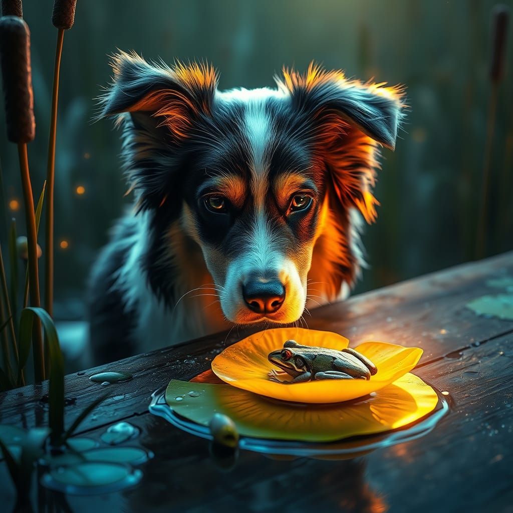 Australian Shepherd Gazing at Frog on Wooden Dock