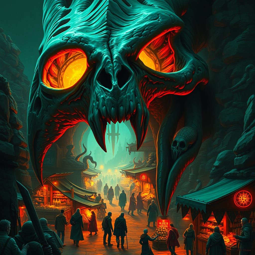 Bustling Marketplace Inside a Dragon Skull