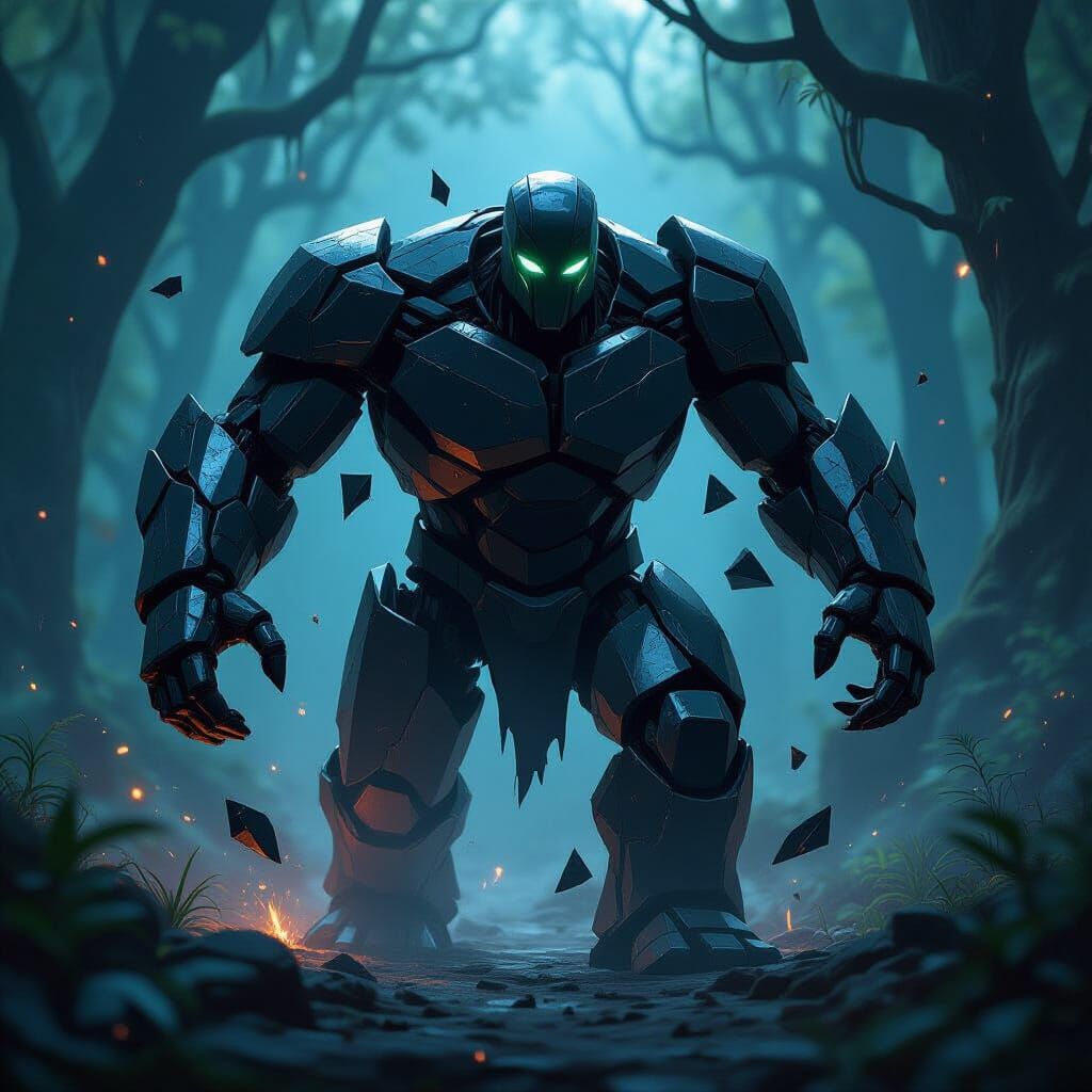 Cracked Obsidian Golem with Ethereal Energy in Dark Forest