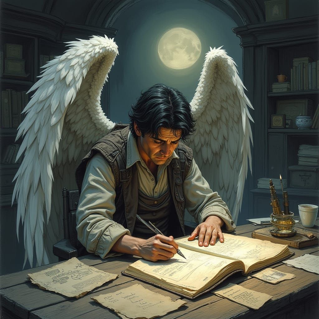 Weary Traveler Studying Maps with Angel Wings