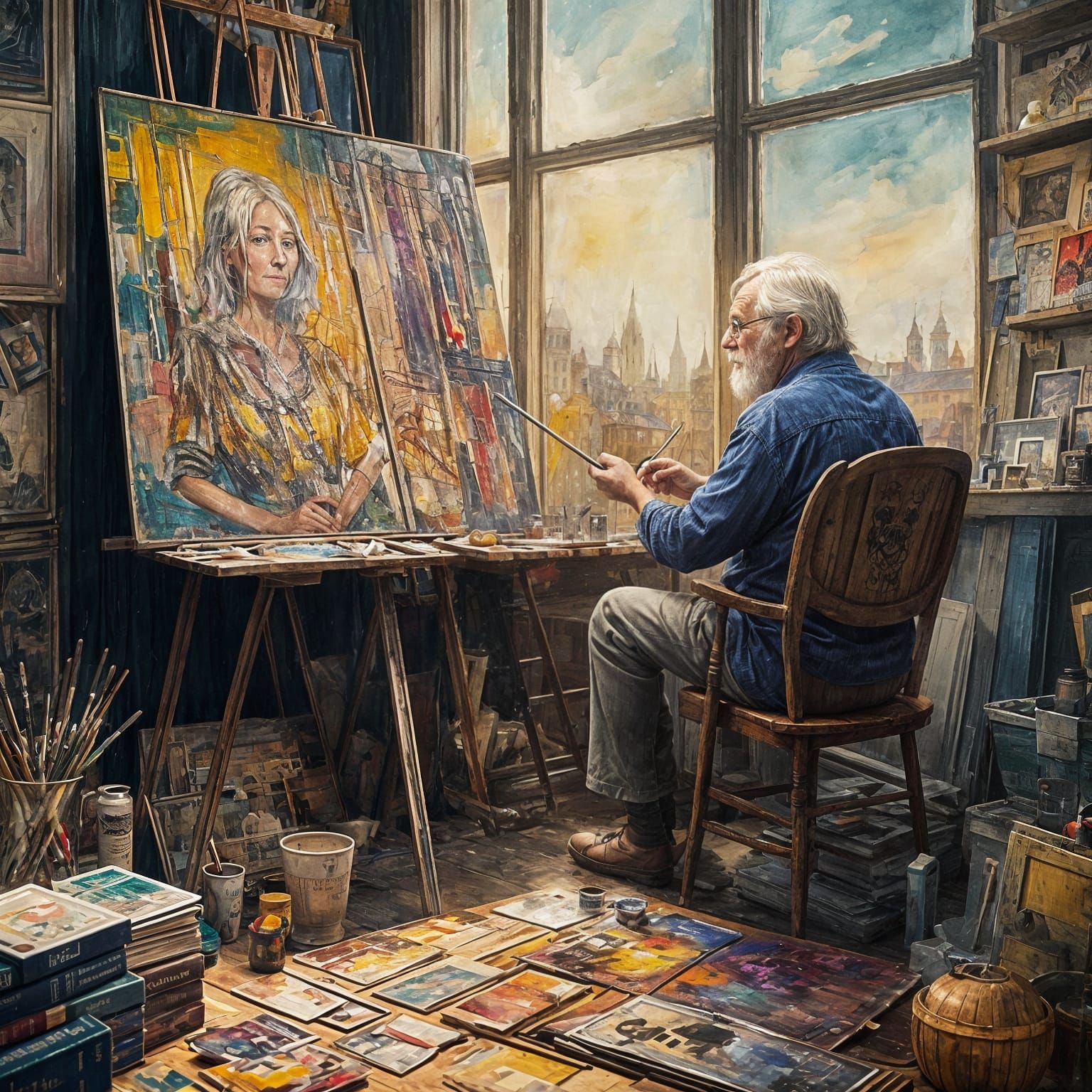 Quirky Elderly Artist Paints Princess Portrait with Whimsy