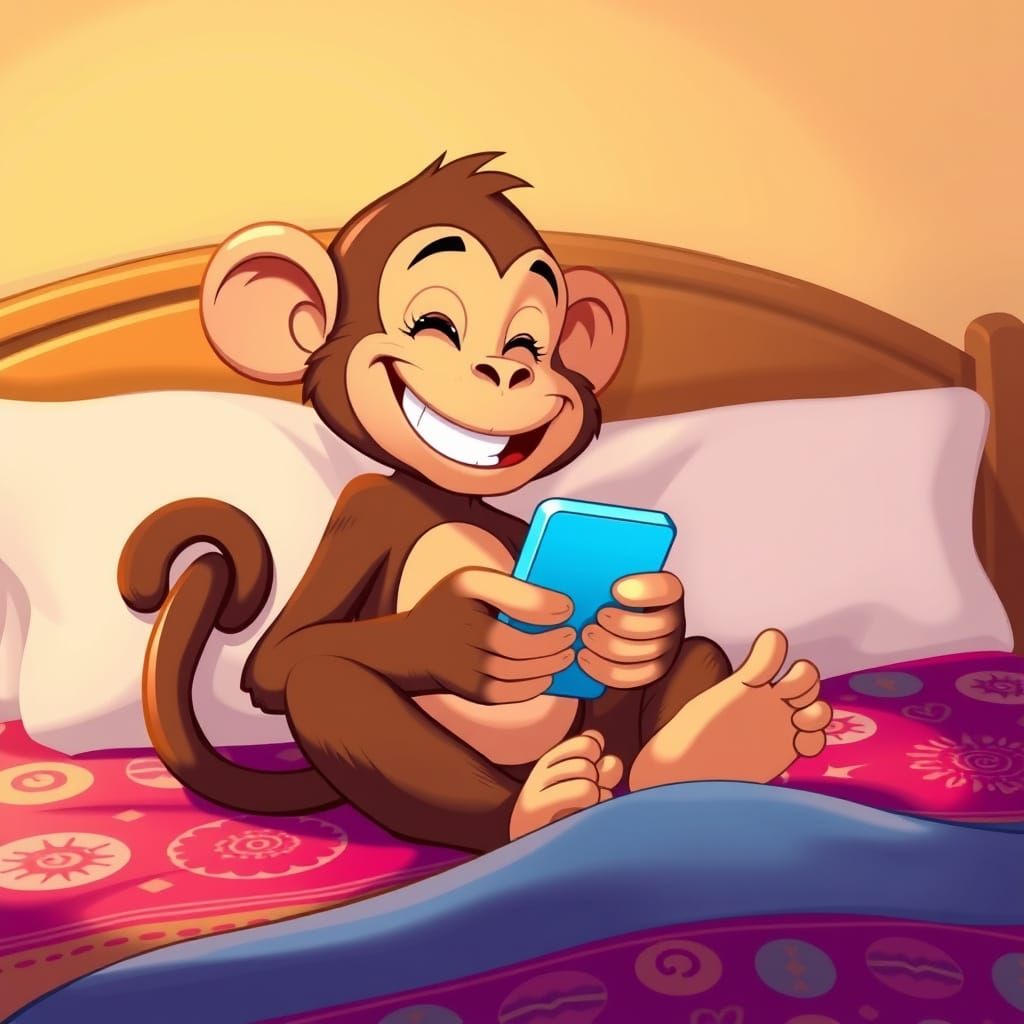 Cartoon Monkey Using Phone in Cozy Bedroom