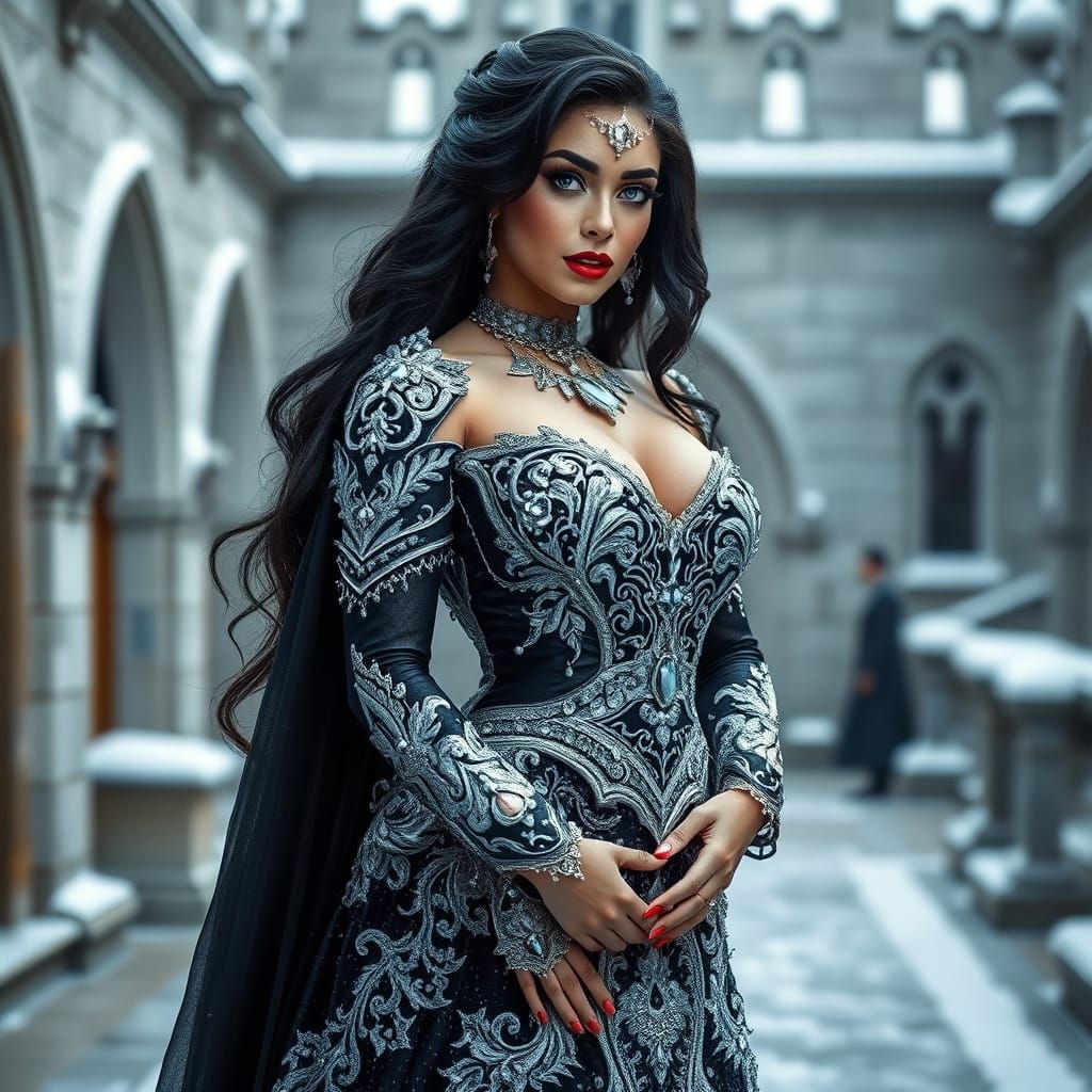 Ethereal Ice Princess in Opulent Gown, Frosty Castle Courtya...