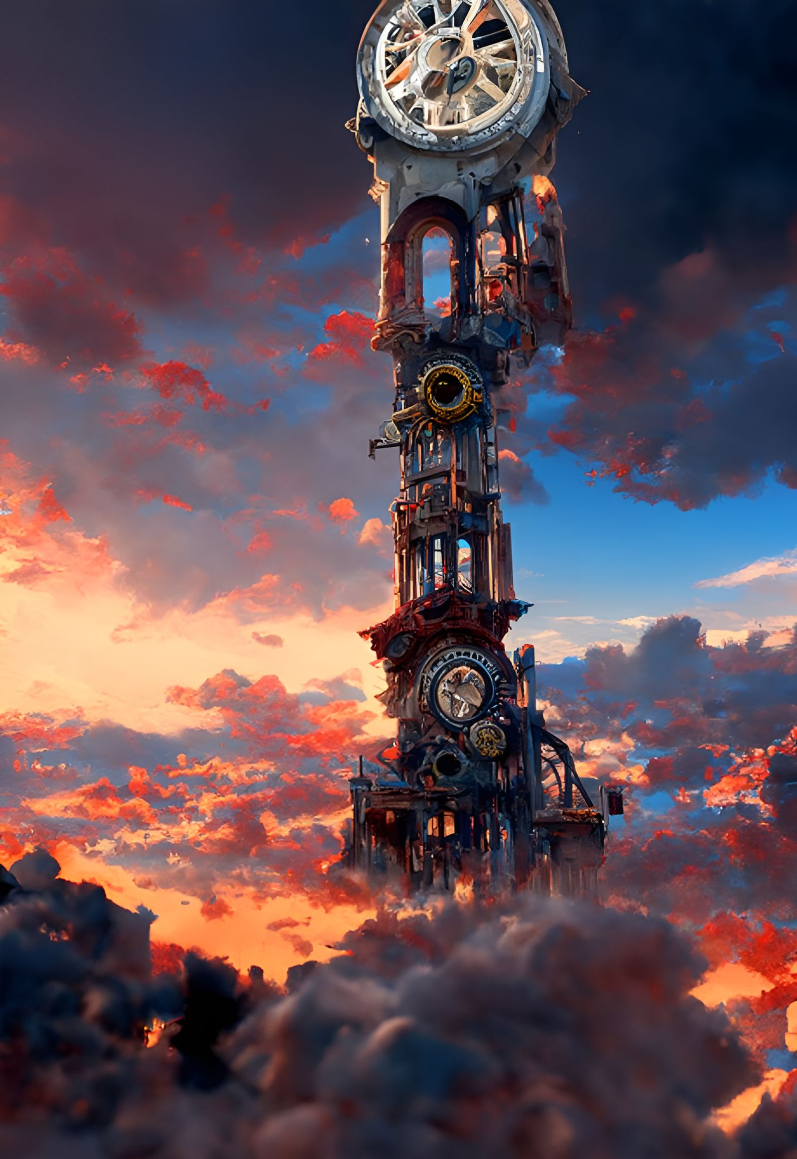 Anime Clocktower with Gears in Studio Ghibli Style
