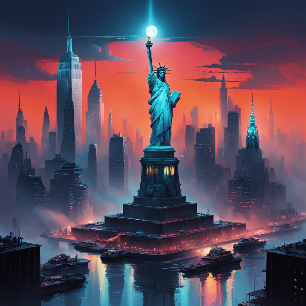 Futuristic New York City at Dawn with Shrouded Statue of Lib...