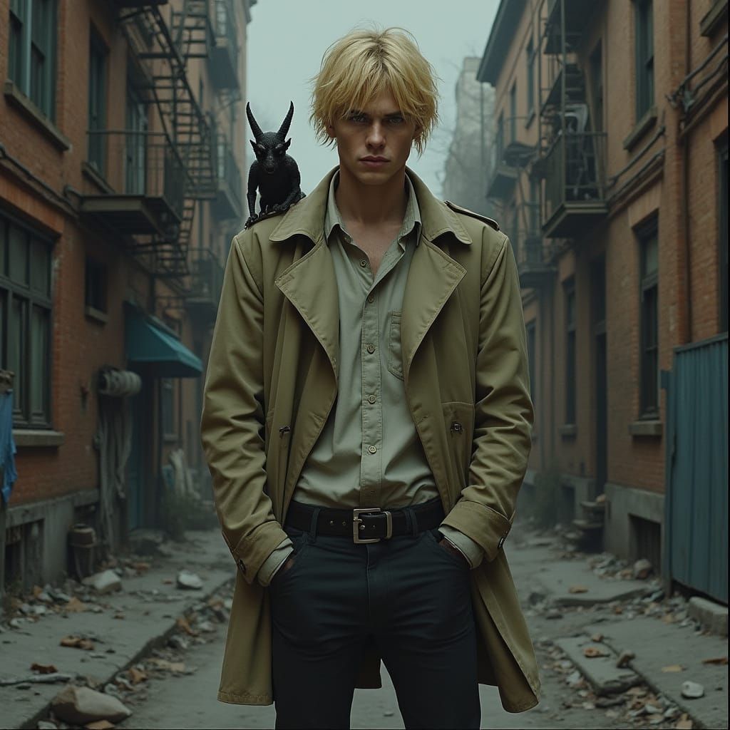 Man with Demon in Hyper-Realistic Urban Landscape