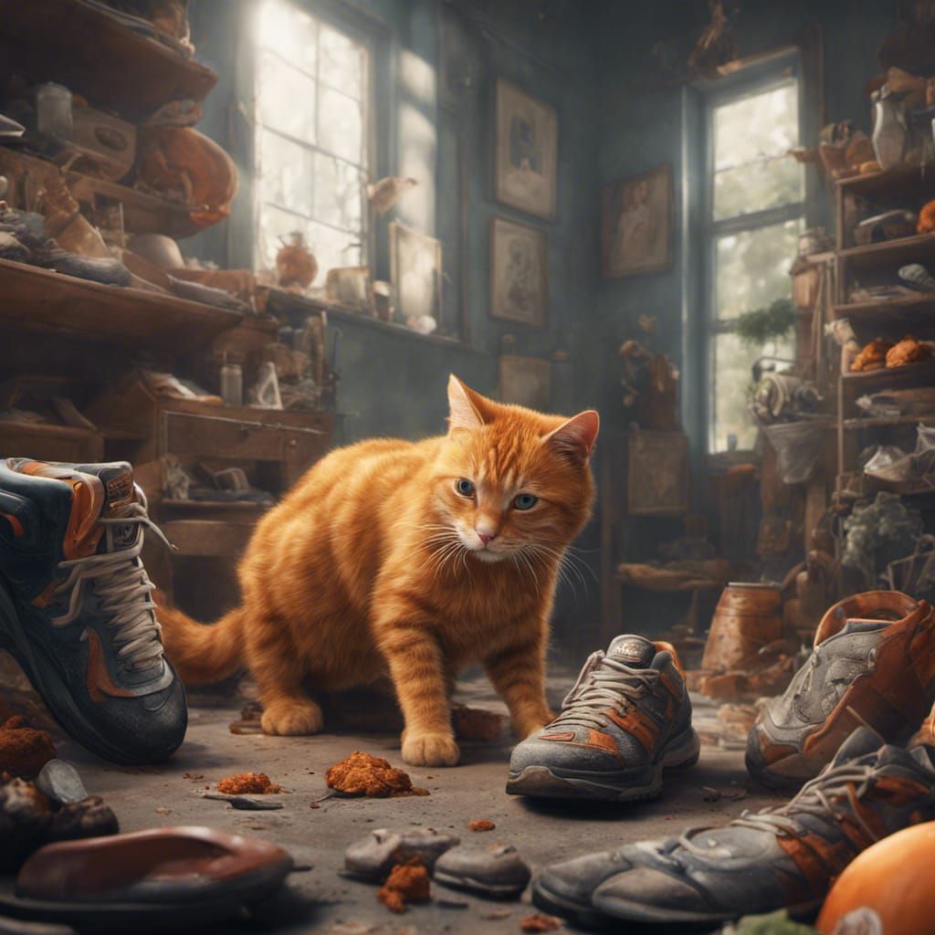 Ginger Cat Contemplates Nike Shoe as Matte Painting