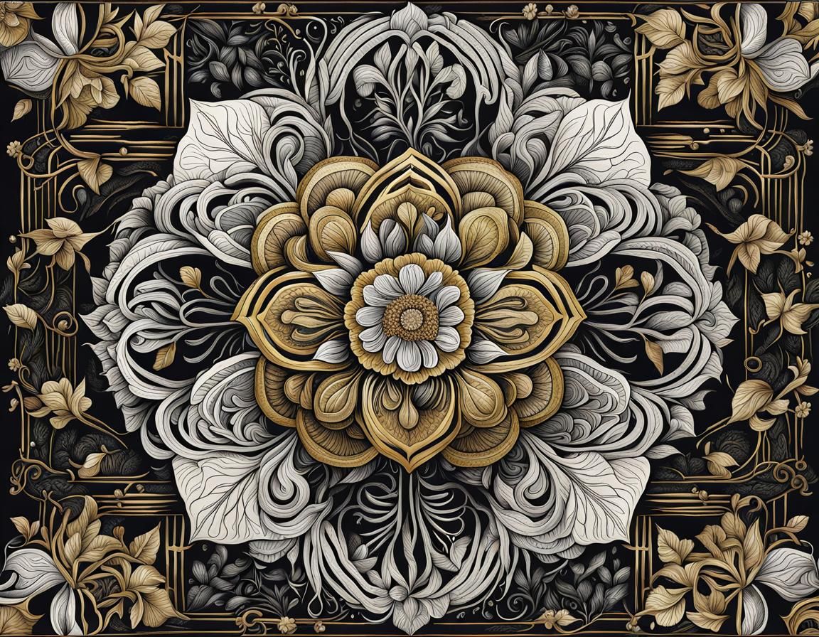 Symmetrical Botanical Floral Ink Drawing with Gold